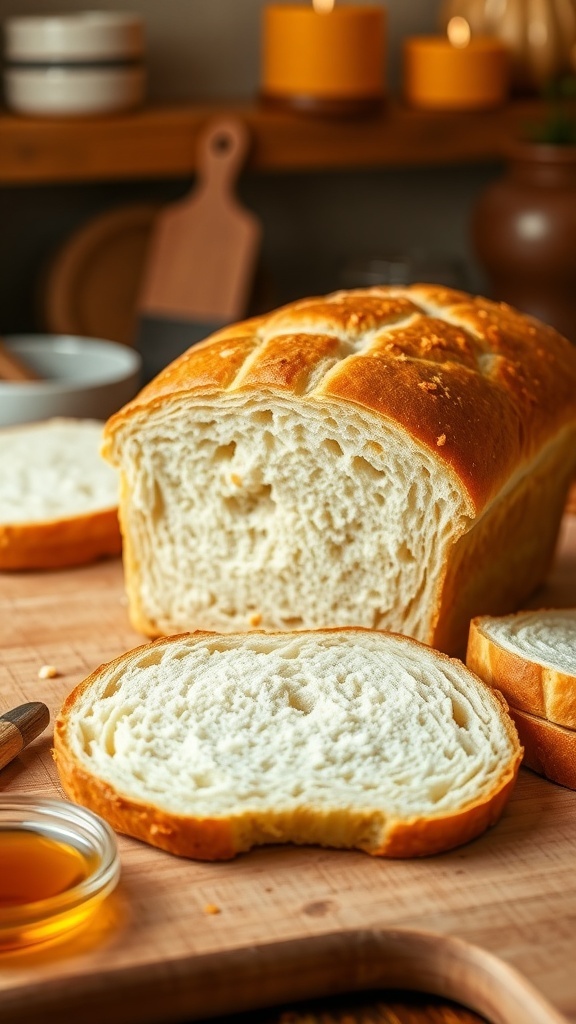 Low Sugar Sandwich Bread Recipe A loaf of low sugar sandwich bread sliced on a wooden board, with honey in a dish beside it.